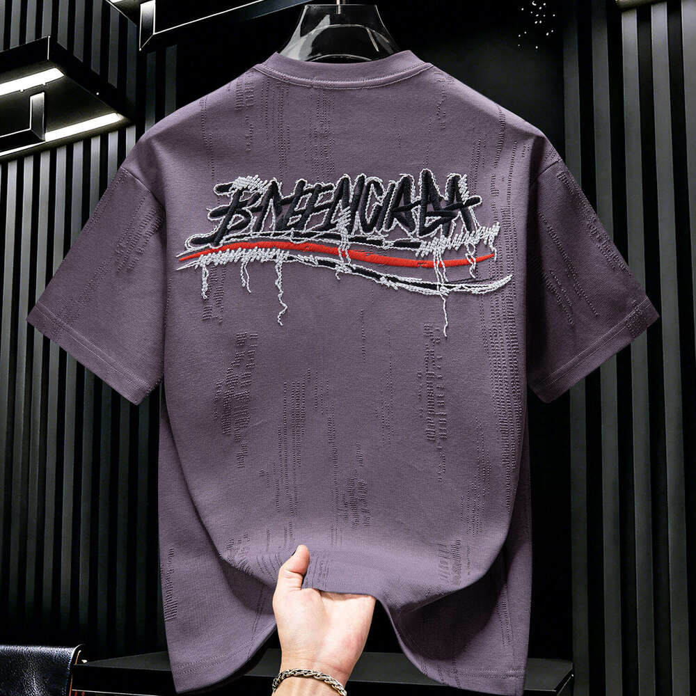 American-Style Men's Embroidered Ripped Short-Sleeve T-Shirt Summer New Trendy Brand Round-Neck Loose-Fit Half-Sleeve Shirt Luanyun
