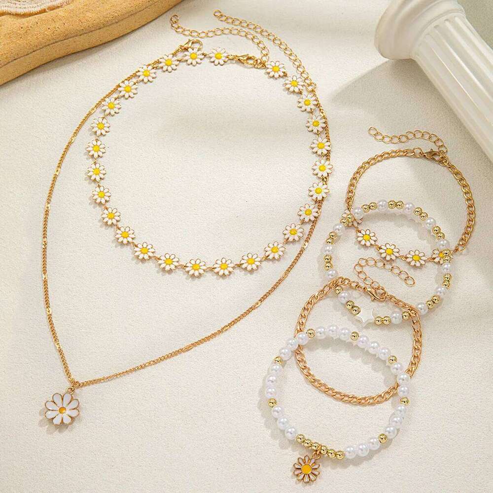 2-piece necklace+4-piece oil dripping daisy necklace imitation pearl chain bracelet versatile women's jewelry set Z260313