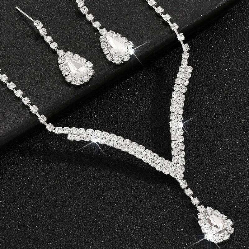 Luxurious 5pcs Silver Color Water Drop Crystal Earrings Necklace Bracelet Ring Jewelry Set for Women Wedding Party Holiday Wear Z260313