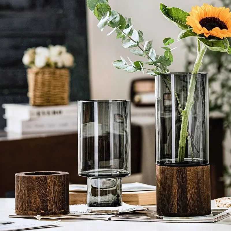 Minimalist Glass Vase with Wooden Base for Hydroponic Plants Retro Modern Tabletop Floral Arrangement Home Decoration European Y260314