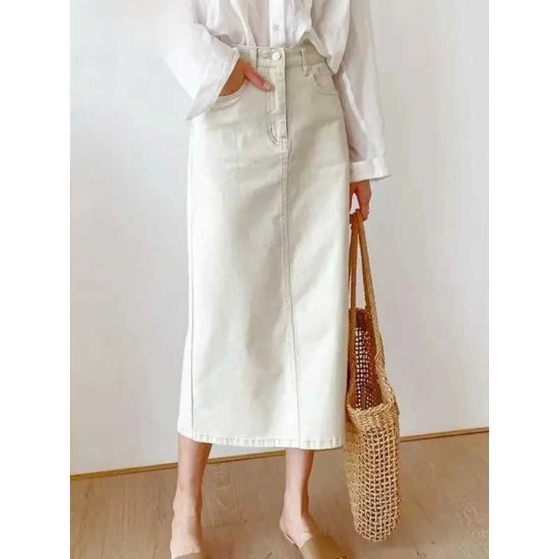 Solid Denim Long Skirts For Women Vintage Casual High Waist Slit A Line Skirts Summer 2025 New Fashion Simple Y2k Skirt Women M260314