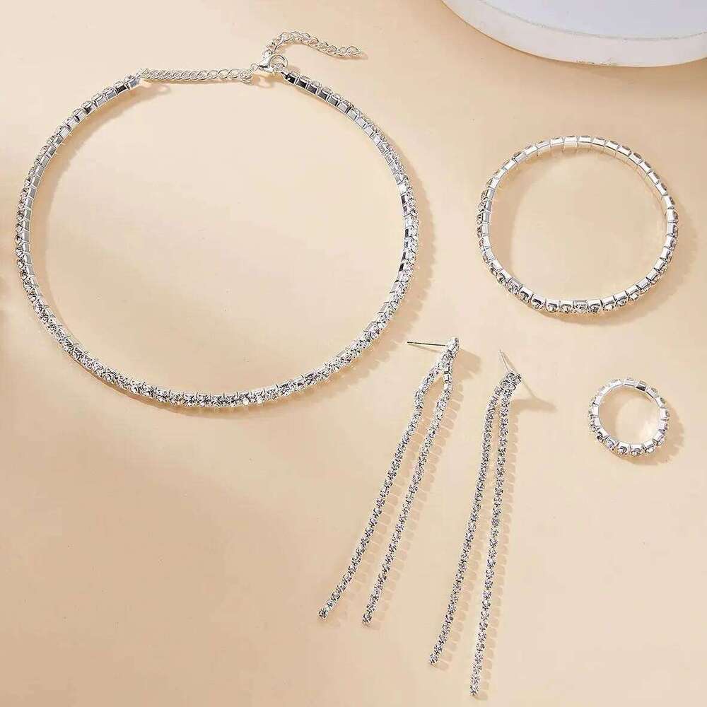 Exquisite Zircon Tennis Bracelet Choker Necklace for Women Full Rhinestone Dangle Earrings and Ring Wedding Party Jewelry Set Z260313
