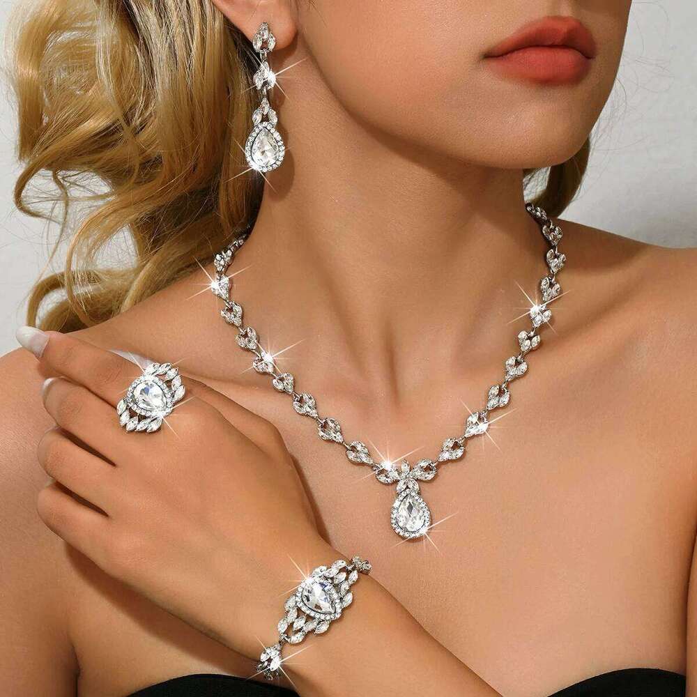 Cross border European style full diamond drip earrings necklace bracelet ring wedding dress banquet versatile set for women Z260313