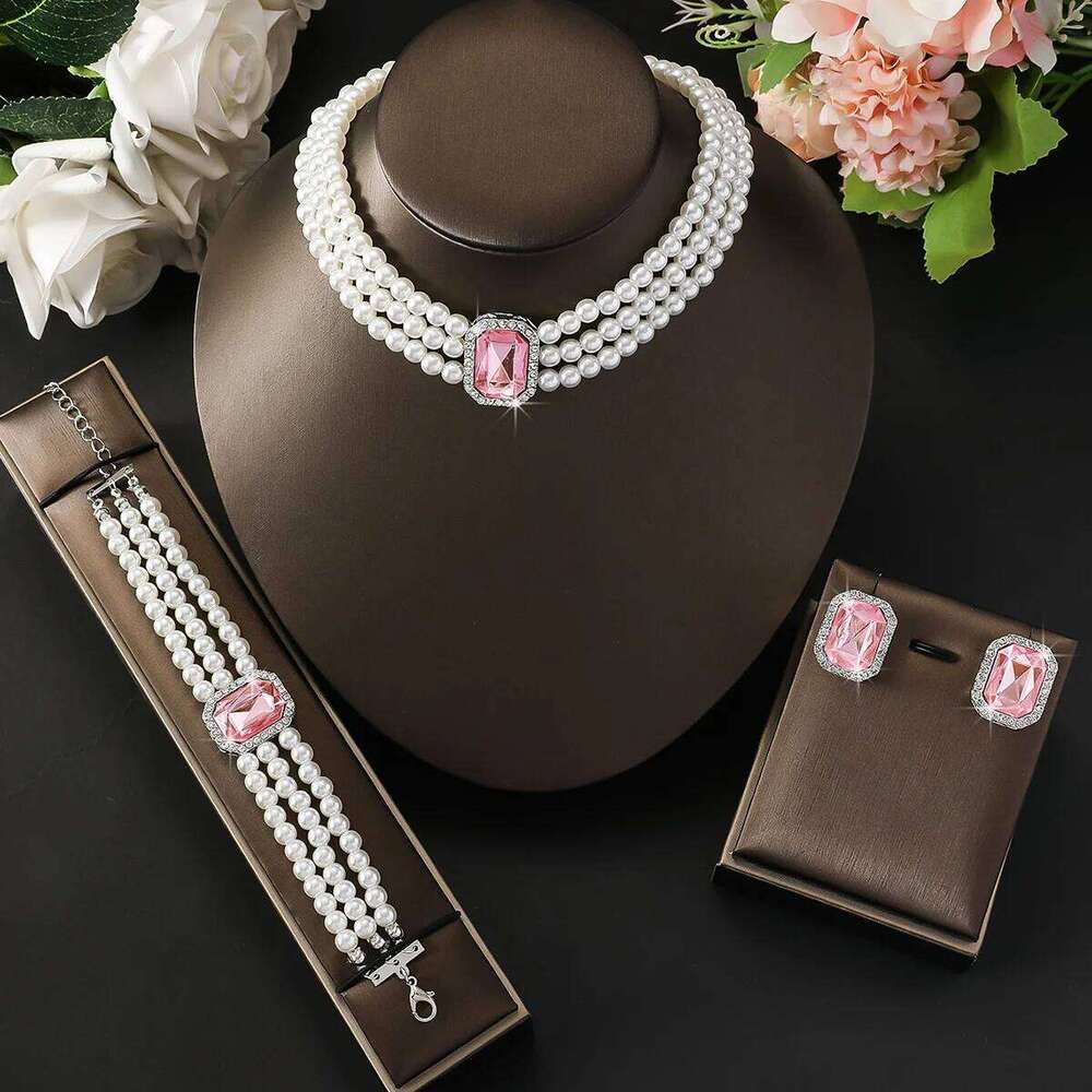 Elegant Jewelry Set 4pcs Necklace Bracelet + Earrings White Pearl with Crystal for Women Wedding Party Gift Z260313