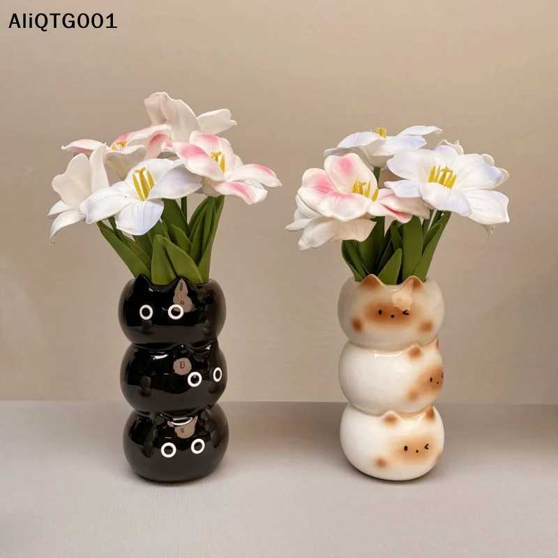 Ceramic Siamese Cat Flower Pot Living Room Bedroom Decorative Ornaments Creative Flower Arrangement Storage Holder Y260314
