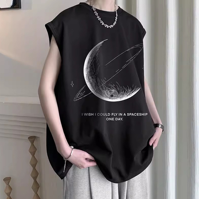 Polo Summer Designer T-shirt New Trendy Moon Print Vest Men's Casual Loose Sleeveless Sports Designer Hoodie Top