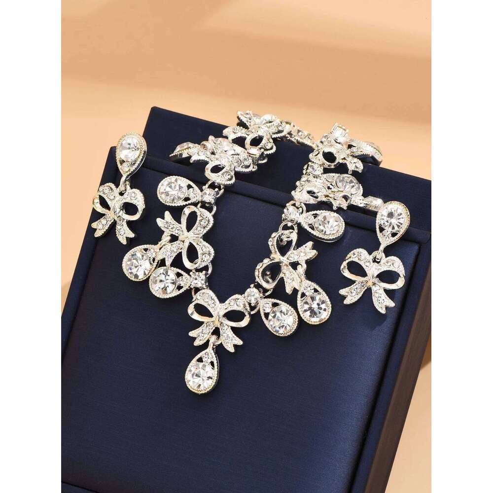3 pcs women's jewelry set with rhinestones, bow necklaces, earrings, bridal wedding accessories Z260313