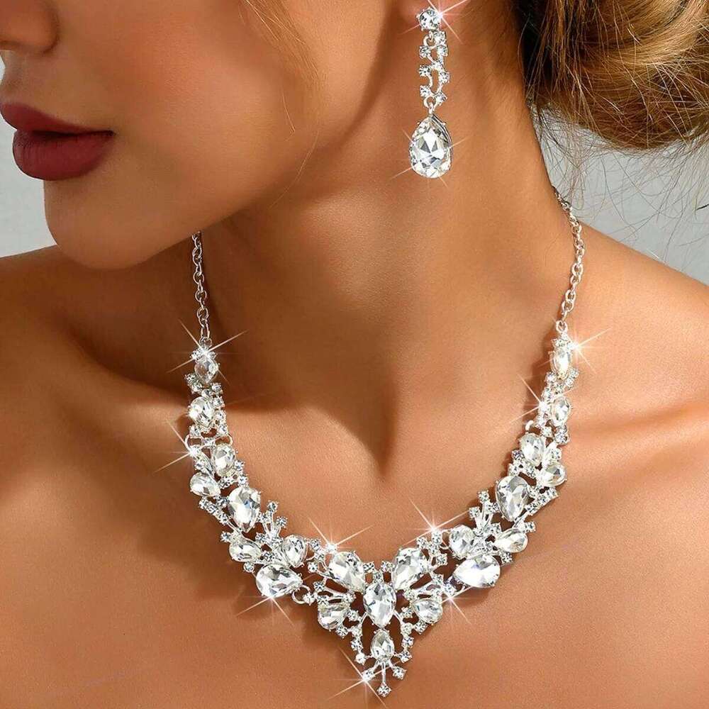 Lace V-Shaped Crystal Set Necklace+Earrings Silver-Plated for Women Party Wedding Accessories Z260313