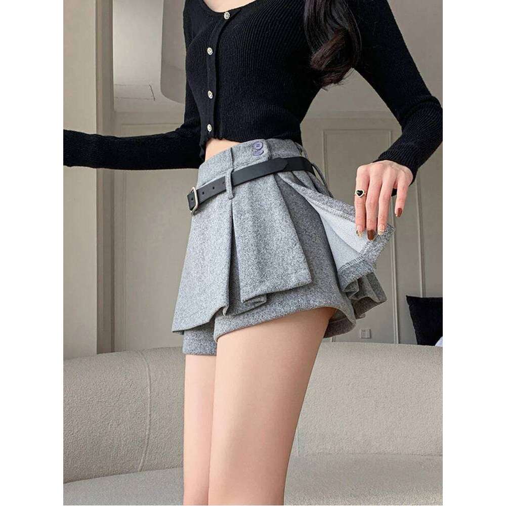 Preppy Style Gray Winter Thicken Women's Wool Skirt With Belt High Waist Casual Slim Hotsweet Y2k A-line Short Skirts Female Z260314