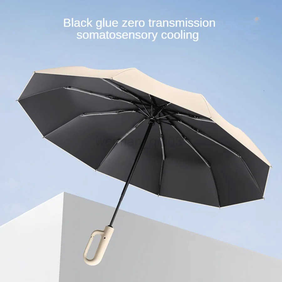 Extra large 10-bone ring buckle umbrella forward fully automatic portable wind-resistant dual-purpose folding rain black glue H260314