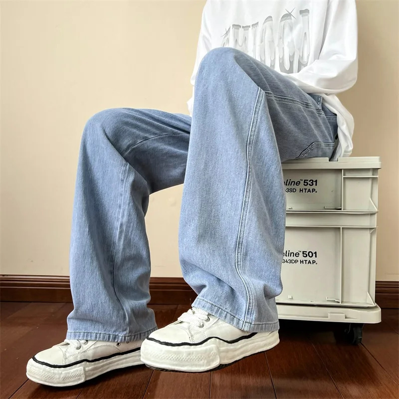 Korean Fashion Mens Baggy Jeans High Street Man Straight Denim Wide-leg Pants Hip Hop Bagy Light Blue Grey Black 260311