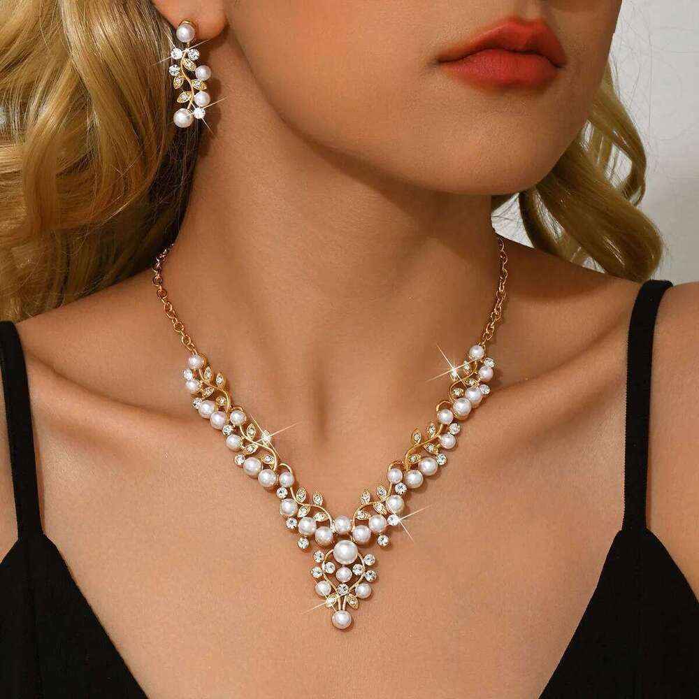 Vintage Pearl Rhinestone Necklace Earrings Set Women's V-Neck Floral Jewelry for Wedding Party Bridal Prom Dress Accessory Gift Z260313