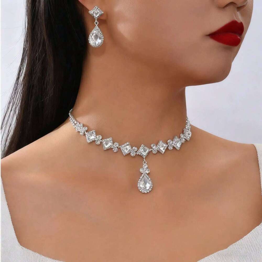 Red Crystal Choker Necklace Earrings Set Teardrop Pendant Silver-Plated Jewelry for Wedding Evening Party Prom Bridal Gift Z260313