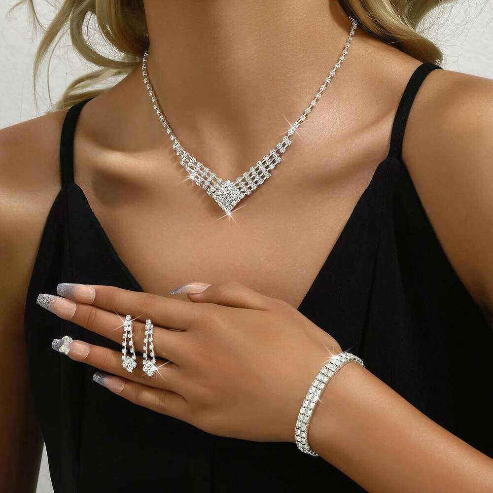 Ladies' jewelry set with geometric square minimalist rhinestone necklace, earrings, bracelets, wedding accessories Z260313