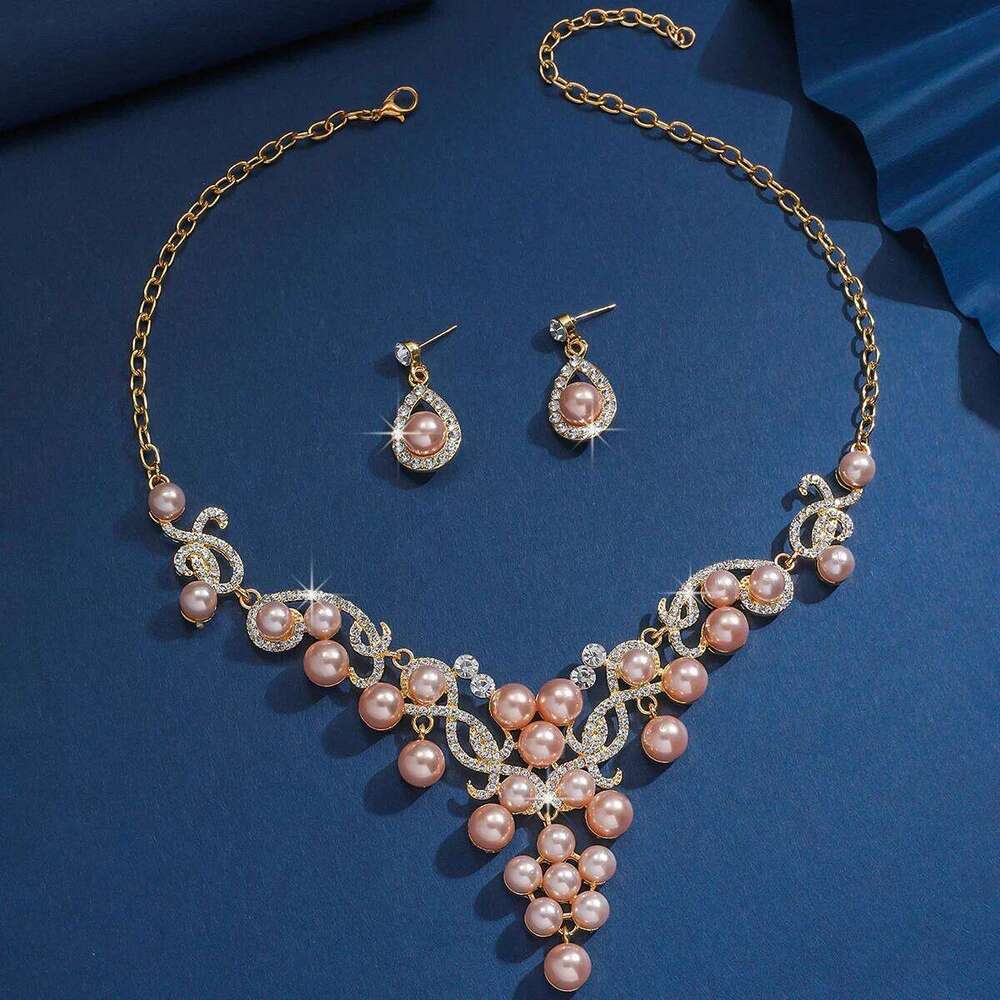 3pcs women's jewelry set, alloy water droplet shaped flower pearl necklace earrings, bride's wedding accessories Z260313