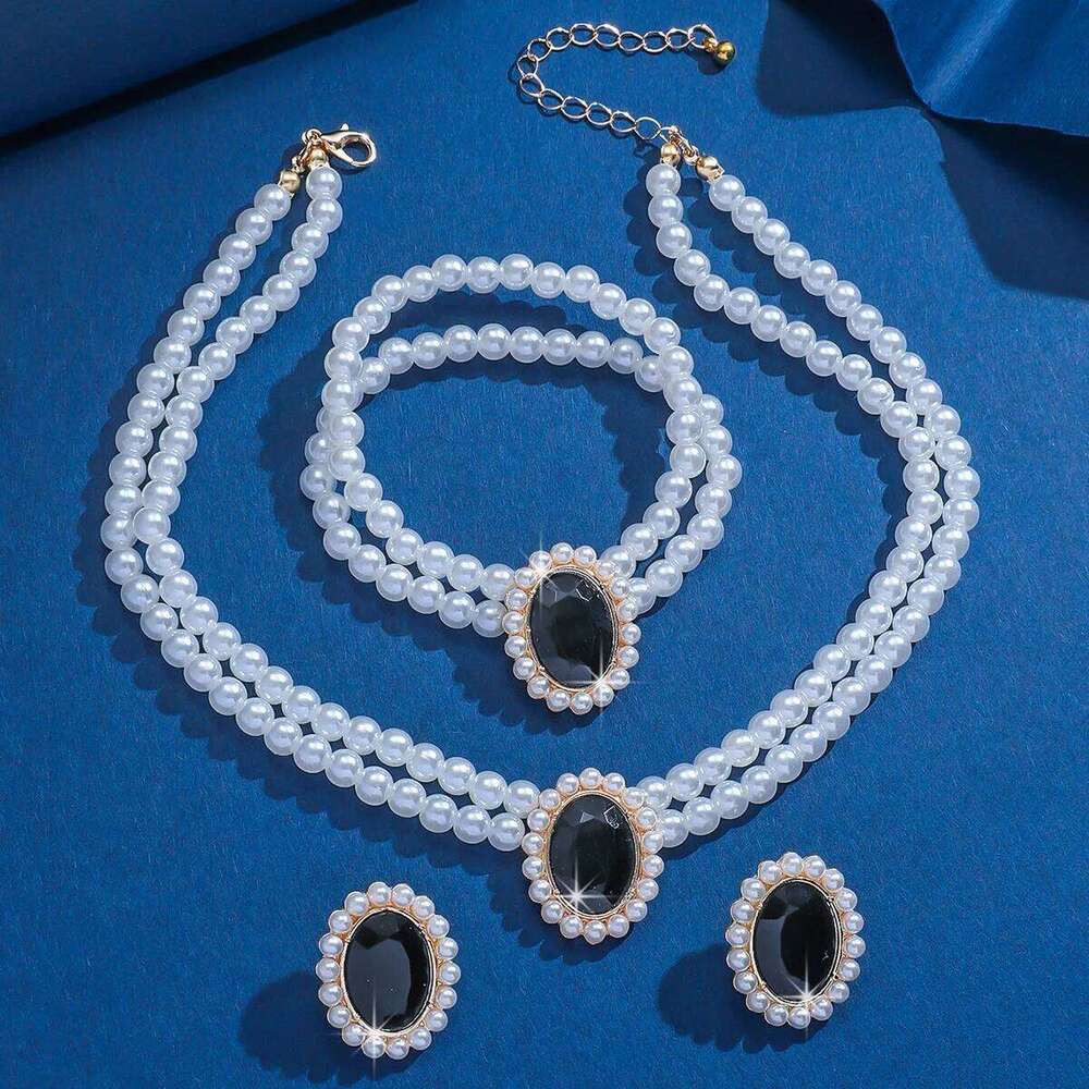 "Vintage Pearl 3-Piece Set Necklace Bracelet Earrings Oval Crystal Party Retro Jewelry" Z260313