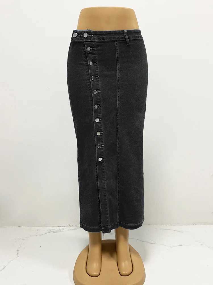 2026 Y2k Skirts Denim Women Long Skirt Single Breasted Irregular Split Stretch High Waist Distressed Washed Summer Streetwear M260314