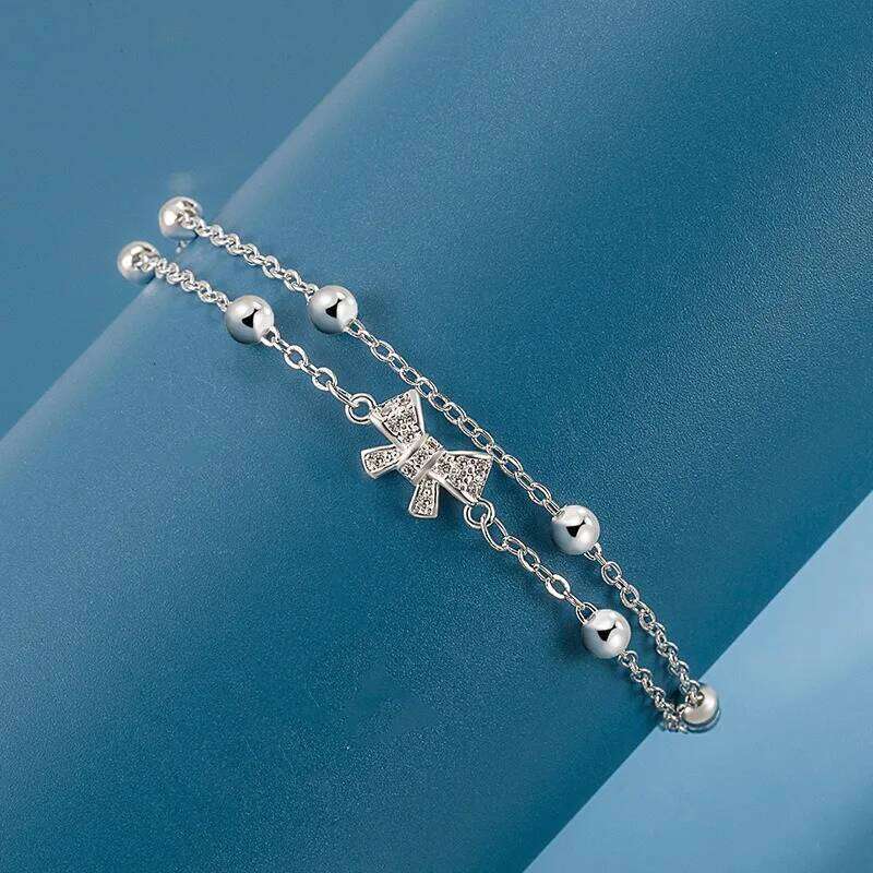 Luxury 925 Sterling Silver Zircon Bow Bracelets For Women Girls Fashion Korean Double Layer Bead Bracelet Party Wedding Jewelry Z260313