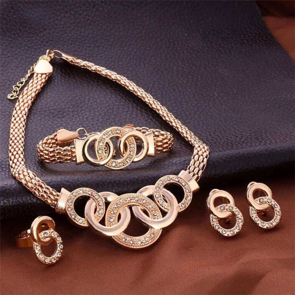 4 Pcs Luxury Gold Color Geometric Circle Zircon Necklace Earrings Ring Bracelet for Women Charm Wedding Bride Jewelry Set Z260313