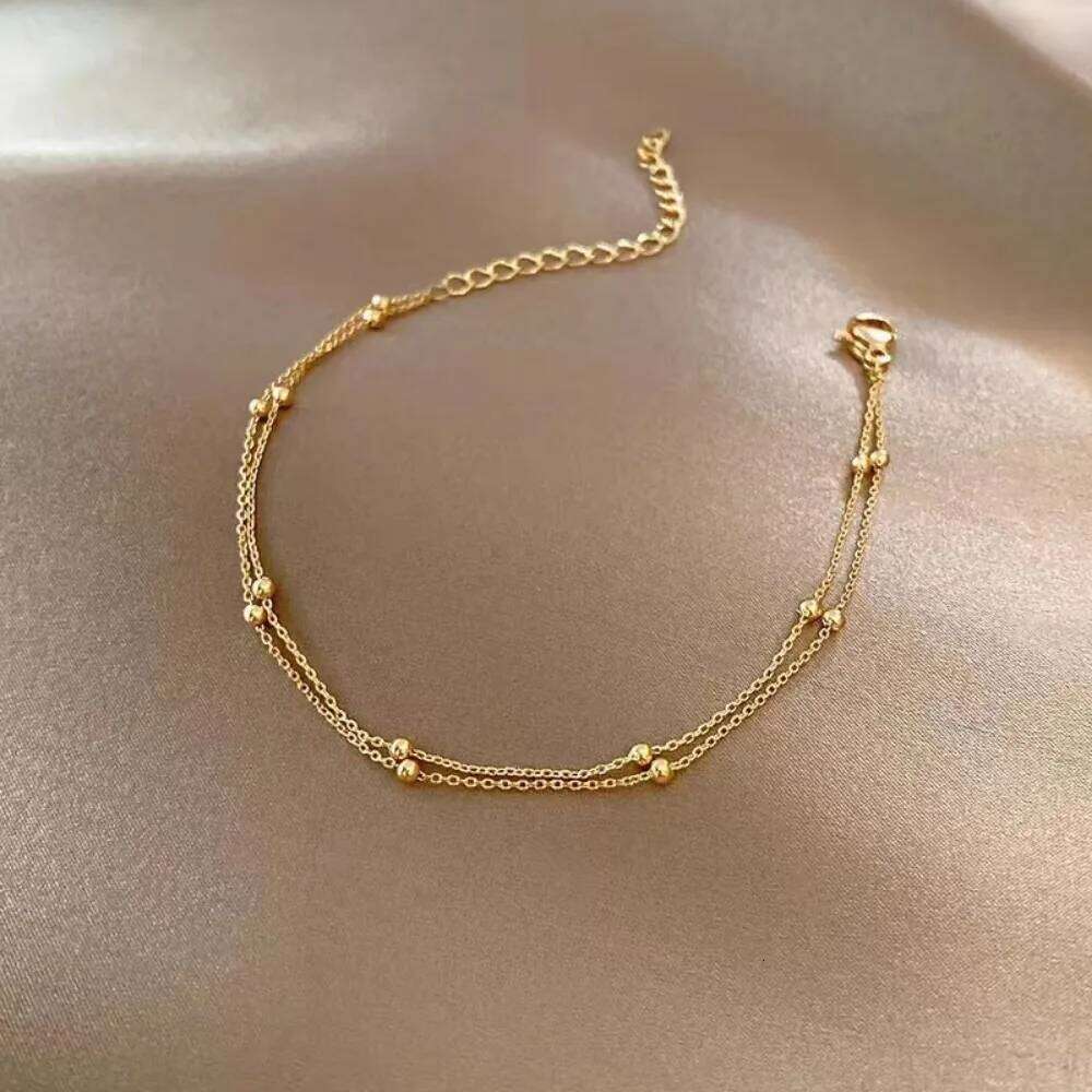 New Temperament Trendy Gold Color Stainless Steel Double Layer Round Bead Bracelet for Women Classic No Fading Bangle Jewelry Z260313