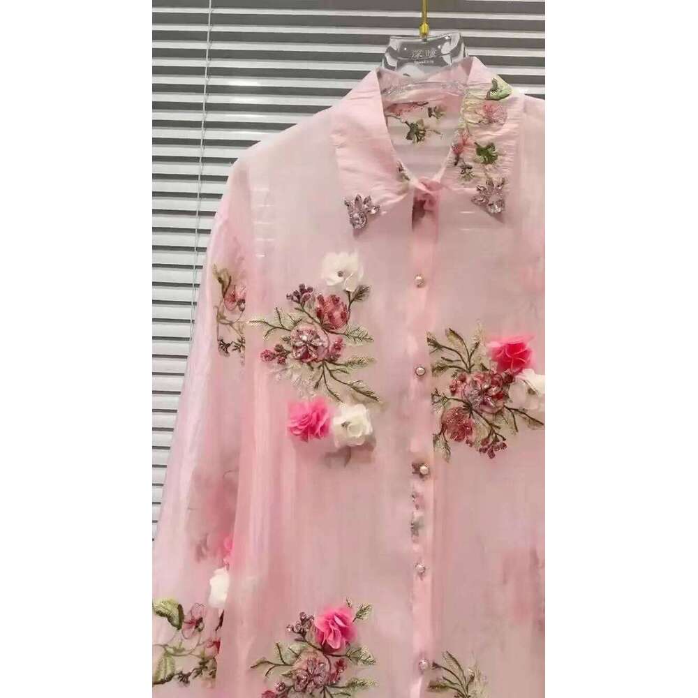 New In Summer Diamonds Flowers Embroidery Shirts Blouses For Women Long Sleeve Thin Sunscreen Loose Casual Top Cardigan MAKOUFEI