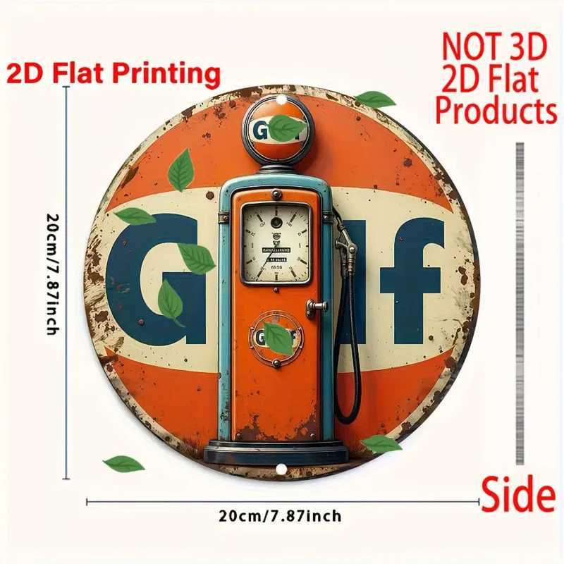 Vintage Durable Waterproof 8x8 Inch Round Aluminum Wall Art - 2D Flat Gas Pump Metal Sign with Classic Car Design D260314