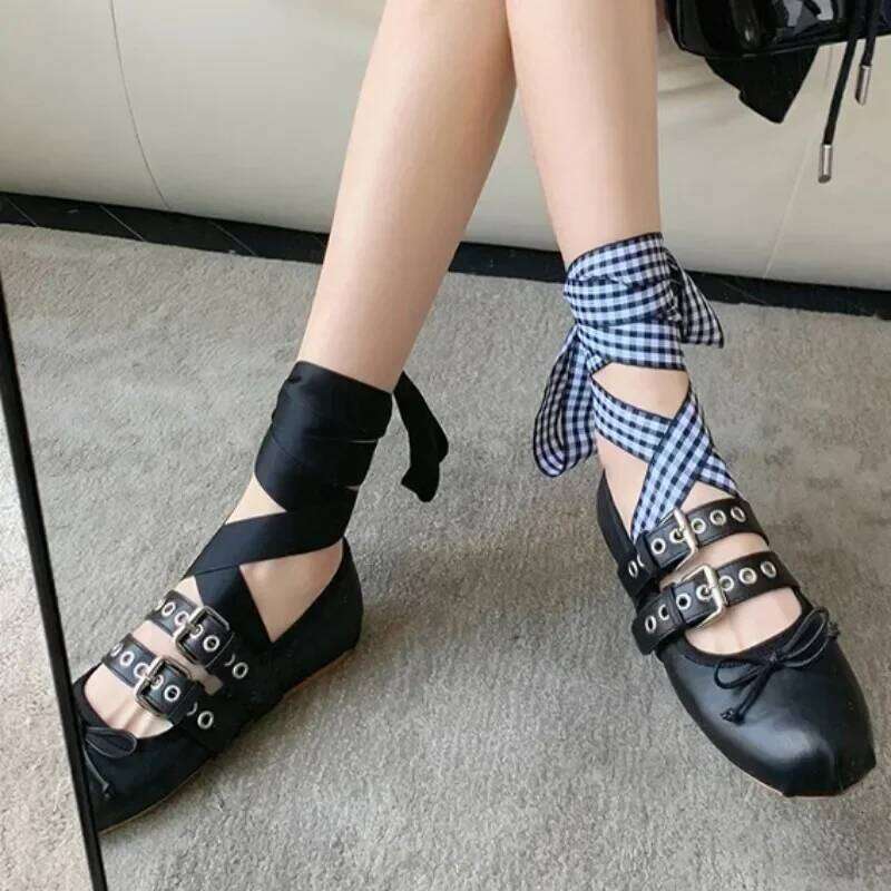 Designer Cross-tied Mary Jane Women Belt Buckle Dress Shoes Leisure Comfort Footwear Bowknot Soft Sole Ballet Flats Female