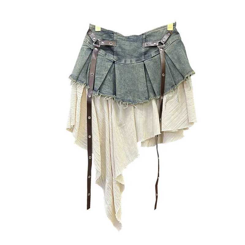 RETRO Spliced Denim Pleated Skirt for Women Summer New Temperament Hot Fashionable High Waist A-line Skirt M260314