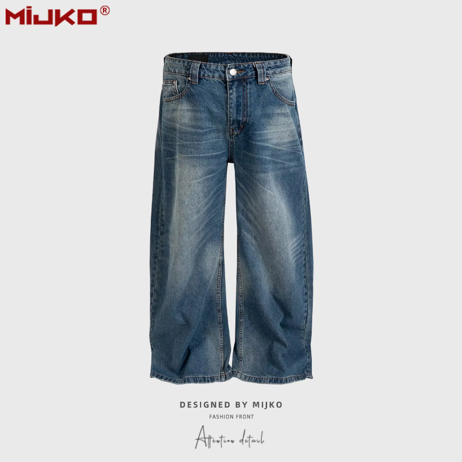 MIJKO Men's and Women's Washed and Aged Jeans Unisex with Rhinestone Faded Wide Straight Leg Blue Jeans
