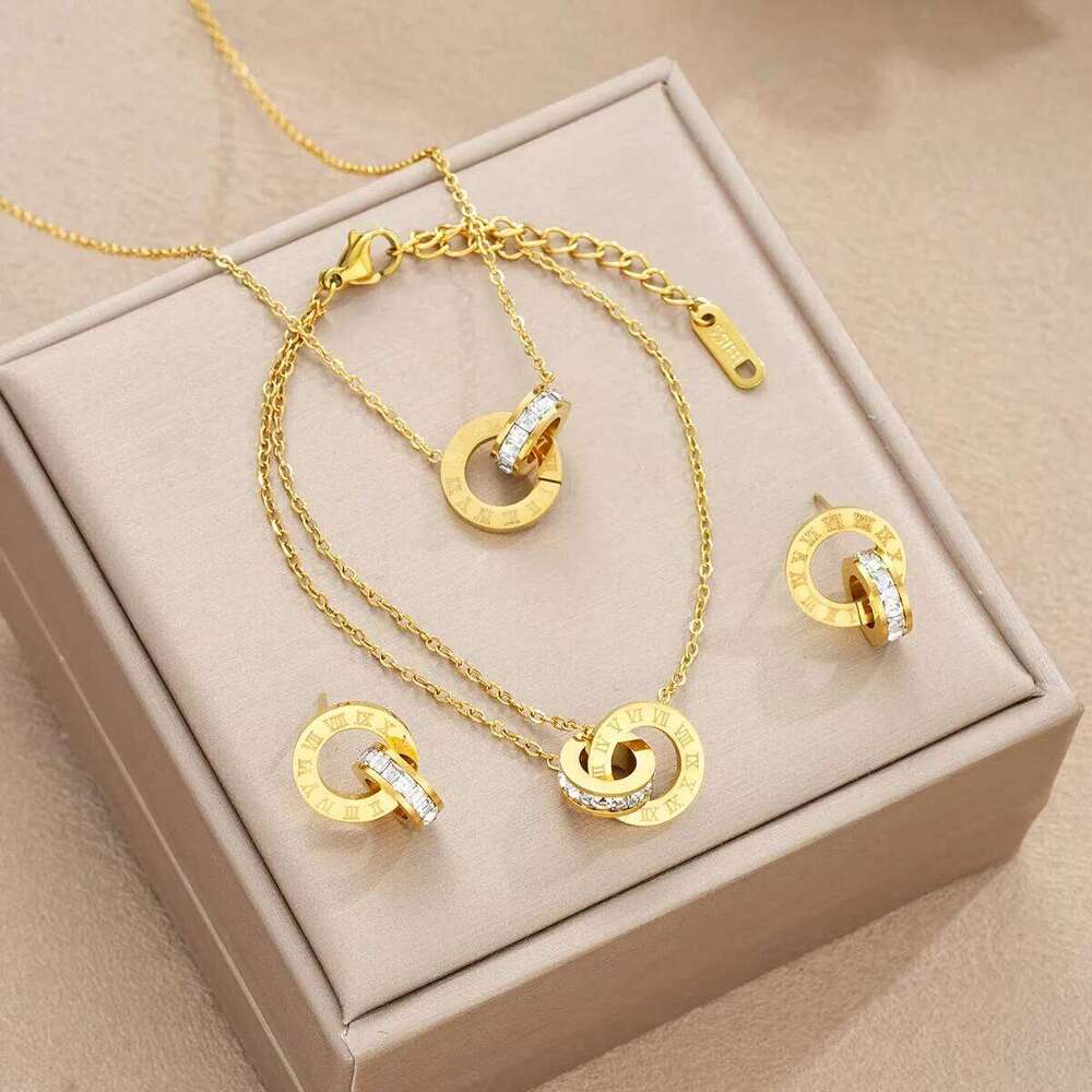 4Pcs/Set Stainless Steel Crystal Necklace Bracelet Earrings for Women Gold Color Interlocking Circles Roman Numbers Jewelry Sets Z260313