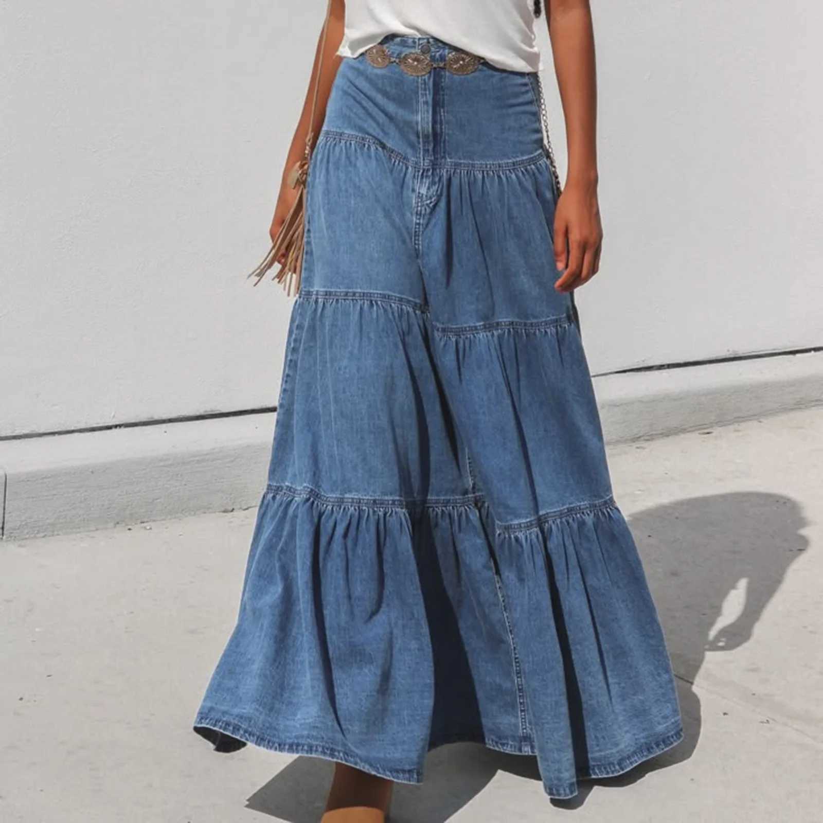 New Womens Denim Long Skirt Stylish Solid High Waist A-Line Jean Skirt For Summer Spring Club Street Style S-XL M260314