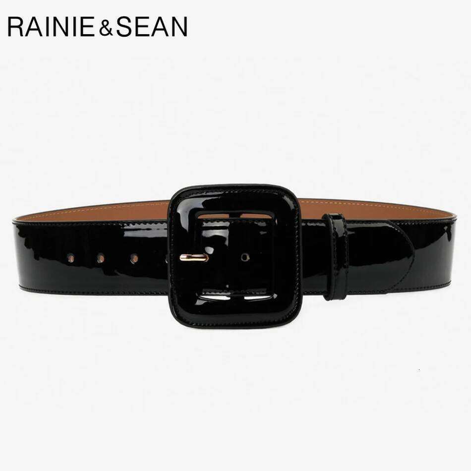 RAINIE SEAN Wide Female Dress Belts Patent Leather Genuine Cowhide Black Elegant French Luxury Women Waist Belt Z260226