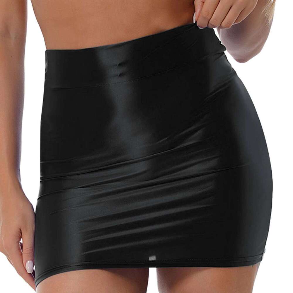 Womens Night Club Party Mini Skirts Solid Color Pencil Skirt Elastic Waistband Miniskirt Casual High Waist Glossy Clubwear Z260314