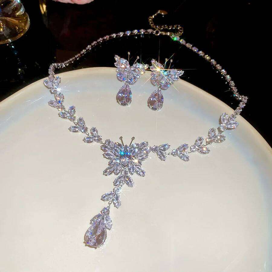 Zircon Butterfly Water Drop Tassel Jewelry for Women 2025 Korean Fashion Temperament Light Luxury Necklace Earring Sets Z260313