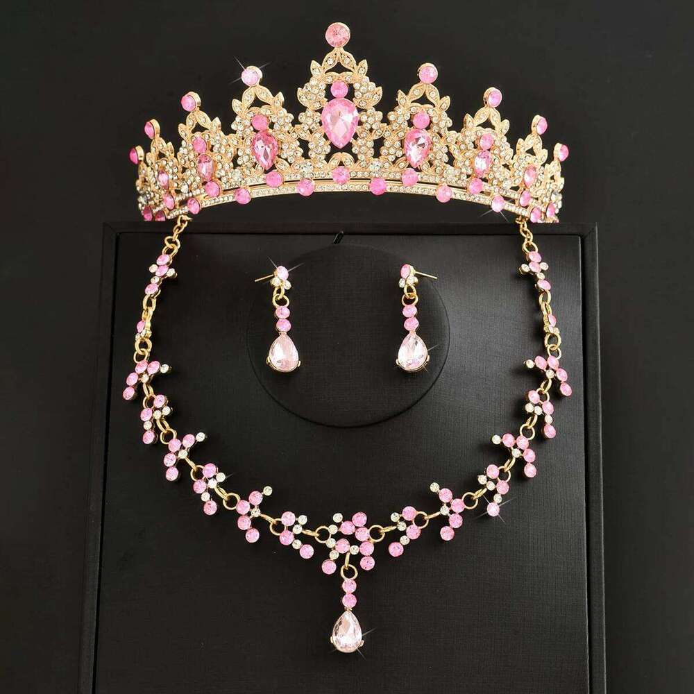 Ladies' Fashion Waterdrop Geometric Round Elegant Crown Necklace Earrings Jewelry Set Z260313