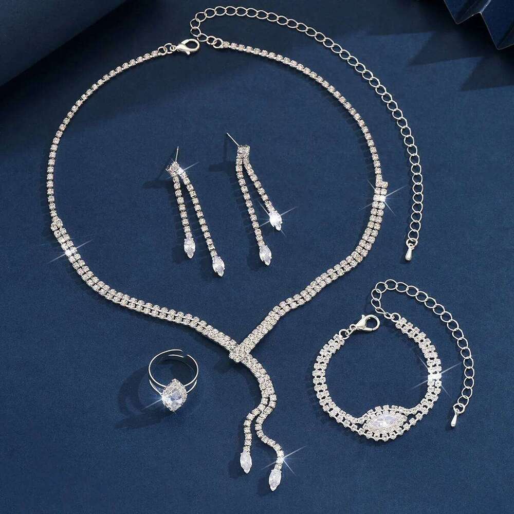 Y-Shape Crystal Jewelry Set 5Pcs Necklace+Bracelet+Earrings+Ring Shiny Silver-Plated for Women Party Wedding Evening Accessori Z260313