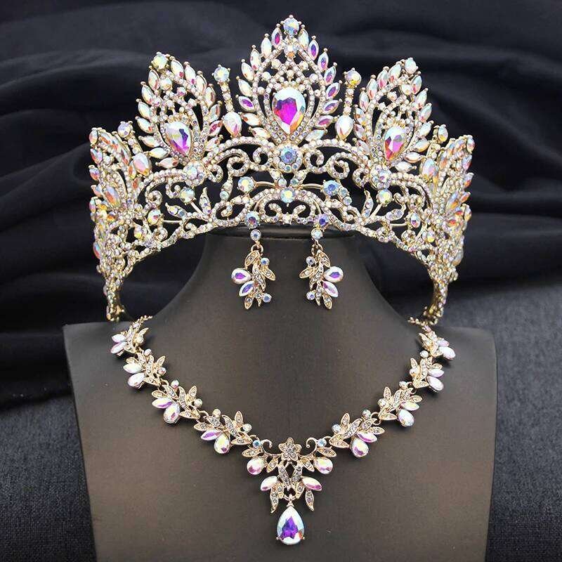 Luxury Green Crown Bridal Sets for Women Tiaras and Necklace Earrings Bride Jewelry Set Wedding Costume accessories Z260313