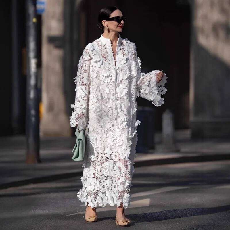 Sexy Women Hollow Out Loose Shirt Elegant Y K D Floral Long Sleeve Single Breasted Embroidery Vacation A Line Dress MAKOUFEI