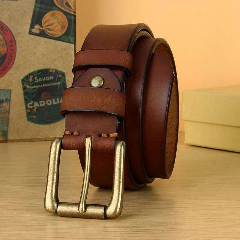 5mm Thicken Full Grain Leather Heavy Duty Work Mens High Hardness Solid Brass Pin Buckle Brown Belt Z260226