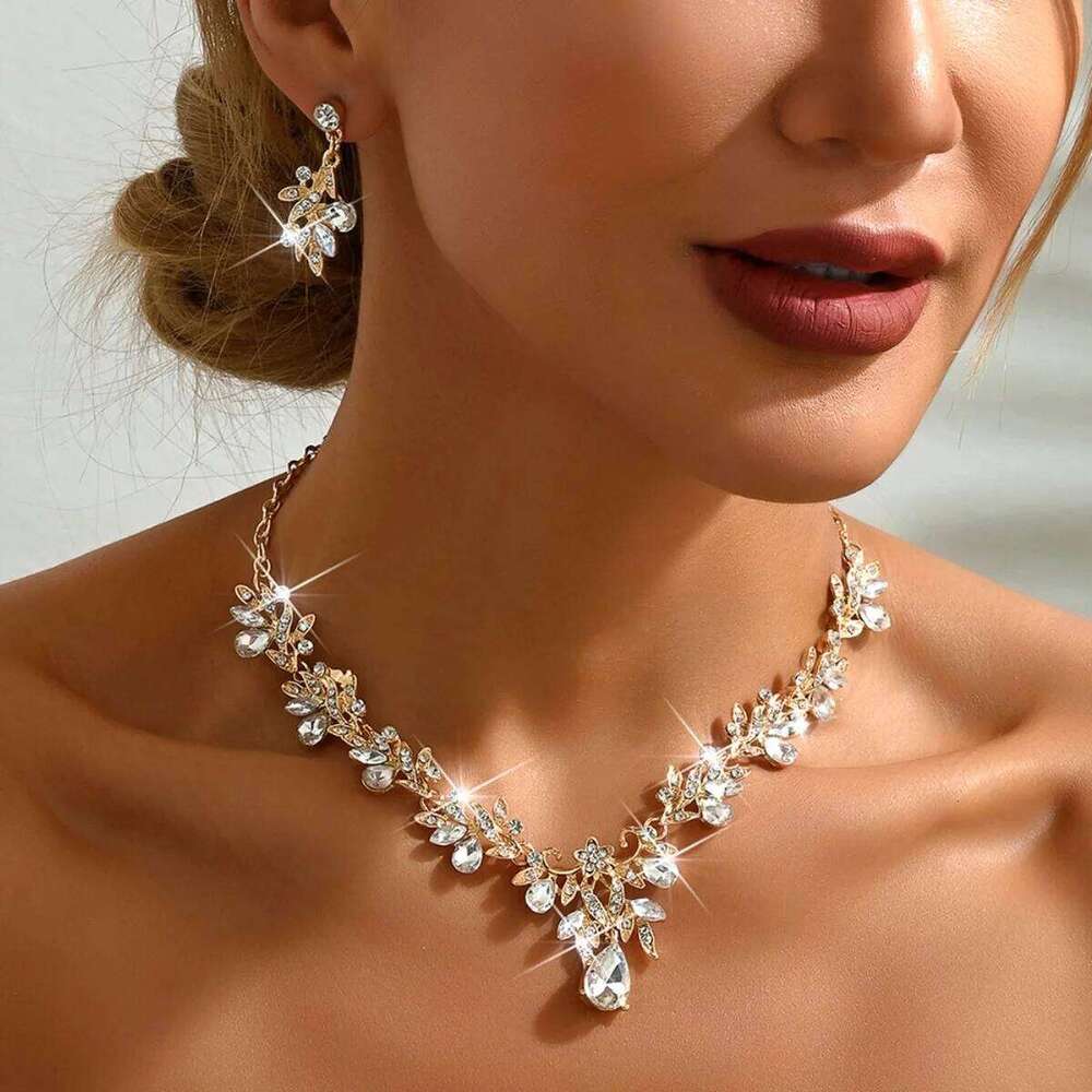 Vintage Gold Crystal Jewelry Set Necklace Earrings Sparkling Statement Accessories for Wedding Prom Party Z260313