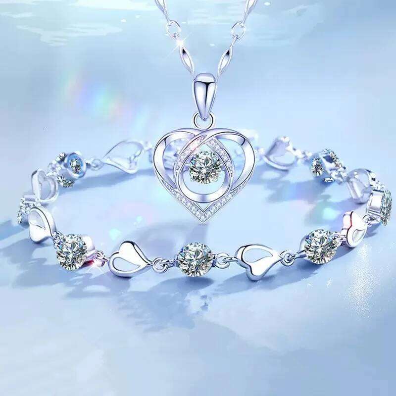 925 Sterling Silver Heart Shaped Necklace Bracelet for Women girls Retro Korean Blue Crystal Jewelry Set Original Party Gift Z260313