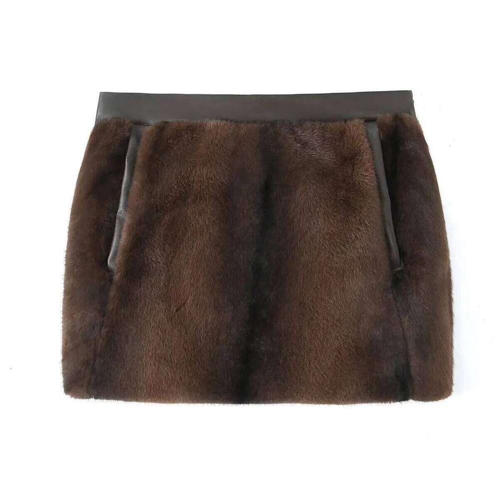 Autumn Winter Faux Fur Skirt For Women High Waist Dark Brown Simple Party American Casual Fashion Female Plush Short Skirts Z260314