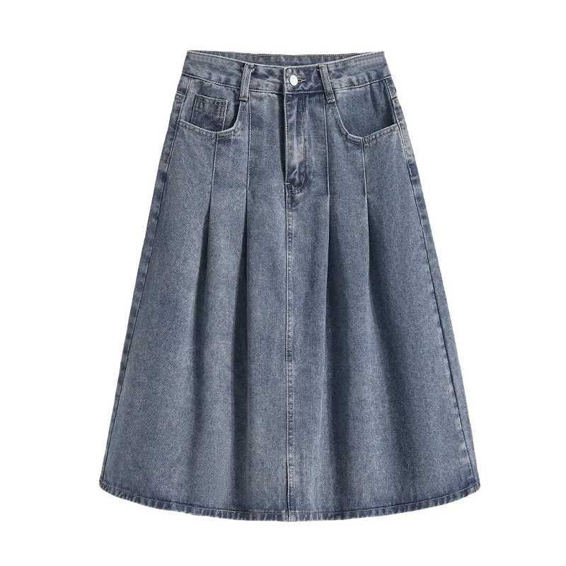 Summer High Waist Women Denim Pleated Skirt Blue Casual A-Line Mid-Length Skirt Versatile Casual Jean Skirts Female M260314