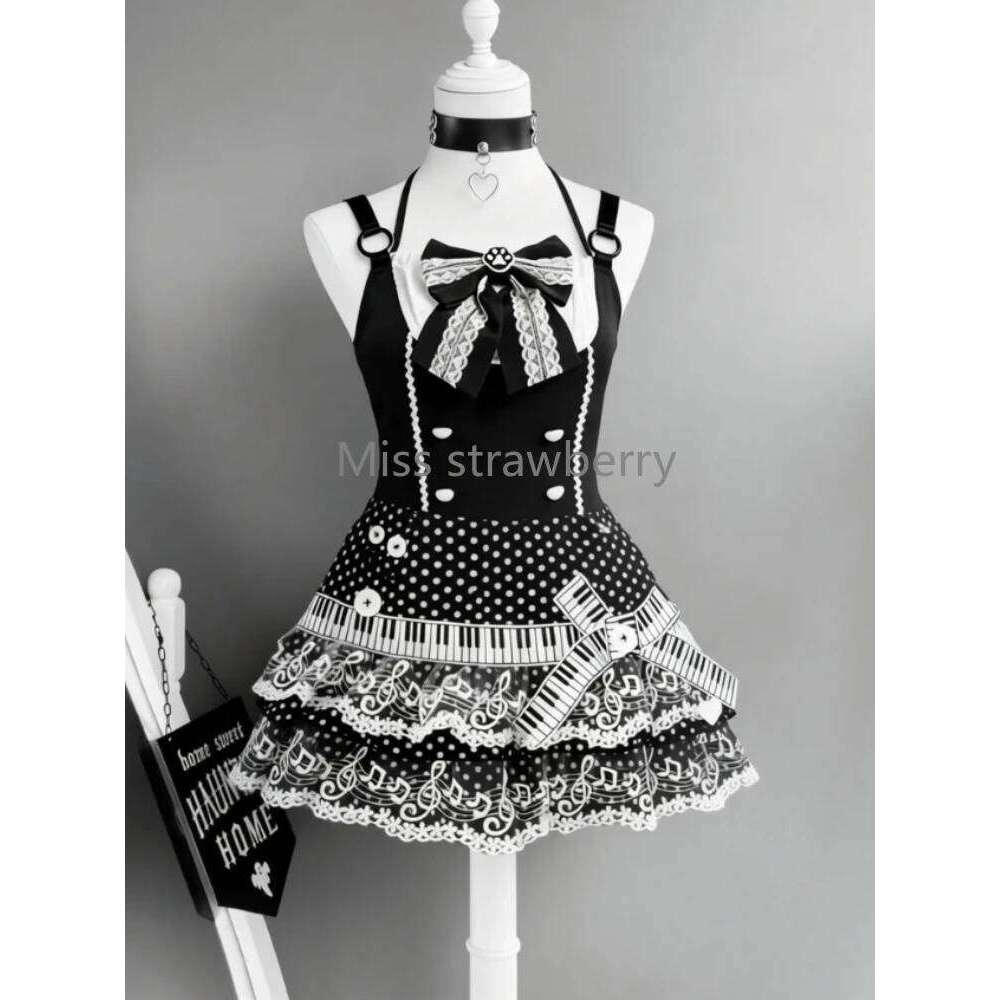 Gothic Aesthetic Hot Girl Slim Polka Dot Note Women Design Y2k Lace Bow A-line Cake Piano Skirts Vintage Embroidery Skirt Z260314