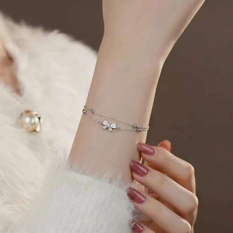 925 Sterling Silver Double Layer Bead Bracelets For Women Retro Korean Zircon Bowknot Chain Bracelet Party Jewelry Z260313