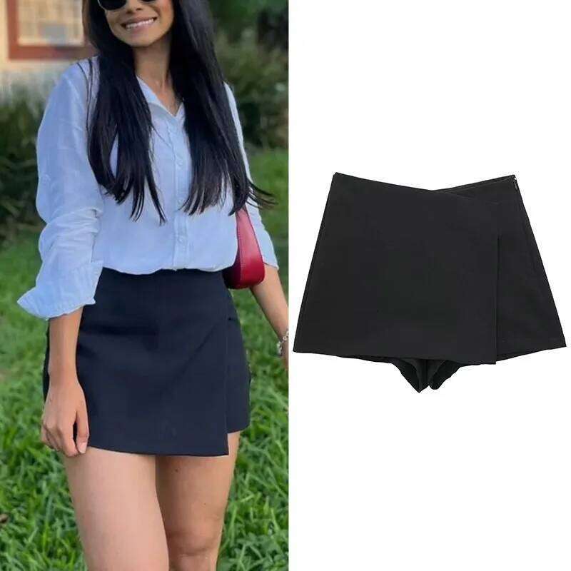 MUJER 2025 Black Mini Asymmetric Skort For Women High Waist Summer Skirt Casual Bermuda Shorts Woman Z260314