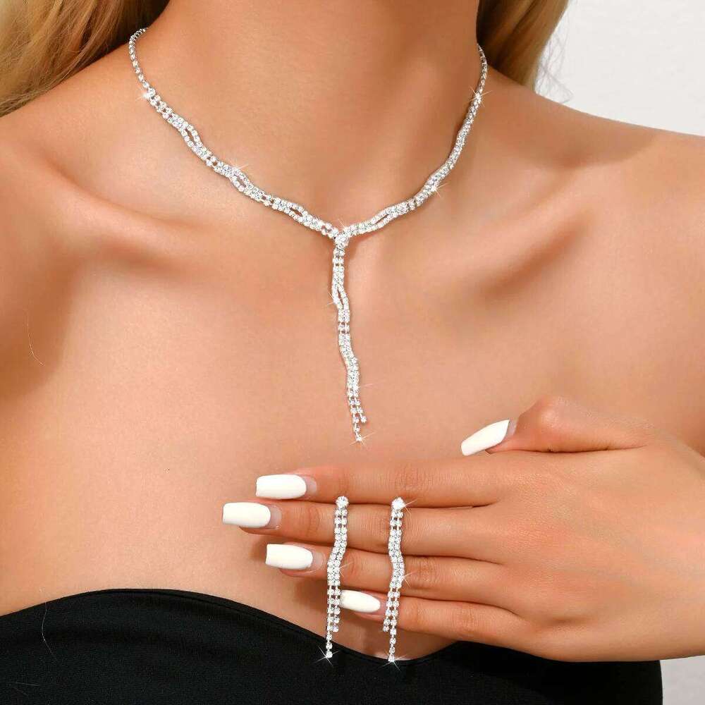 Women's fashion rhinestone geometric series long tassel necklace earrings jewelry set design sense first accessory Z260313