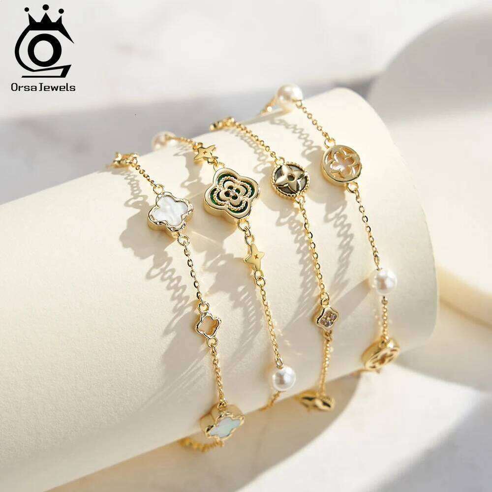 ORSA JEWELS Gold Charms Bracelets for Women Sterling Silver 925 Hand Chain Four Leaf Flower Bracelet Jewelry Birthday Gift GMB67 Z260313