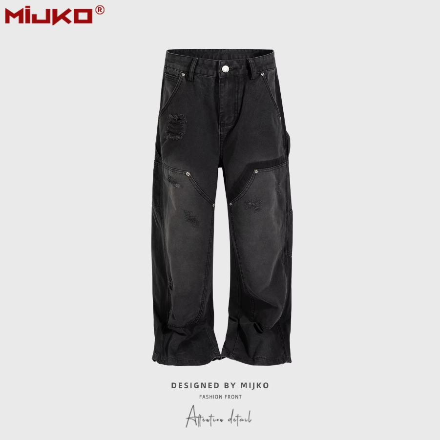 MIJKO Unisex Washed Black Jeans Tie-Dye Faded Pockets Men's And Women's Pants Z039#