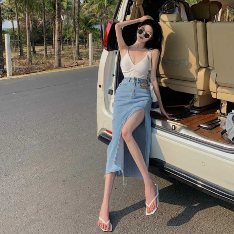 Sexy A-Line Denim Skirt Womens Spring Autumn High Waist Side Split Long Slimming Bodycon Skirt Korean Sle Commute M260314